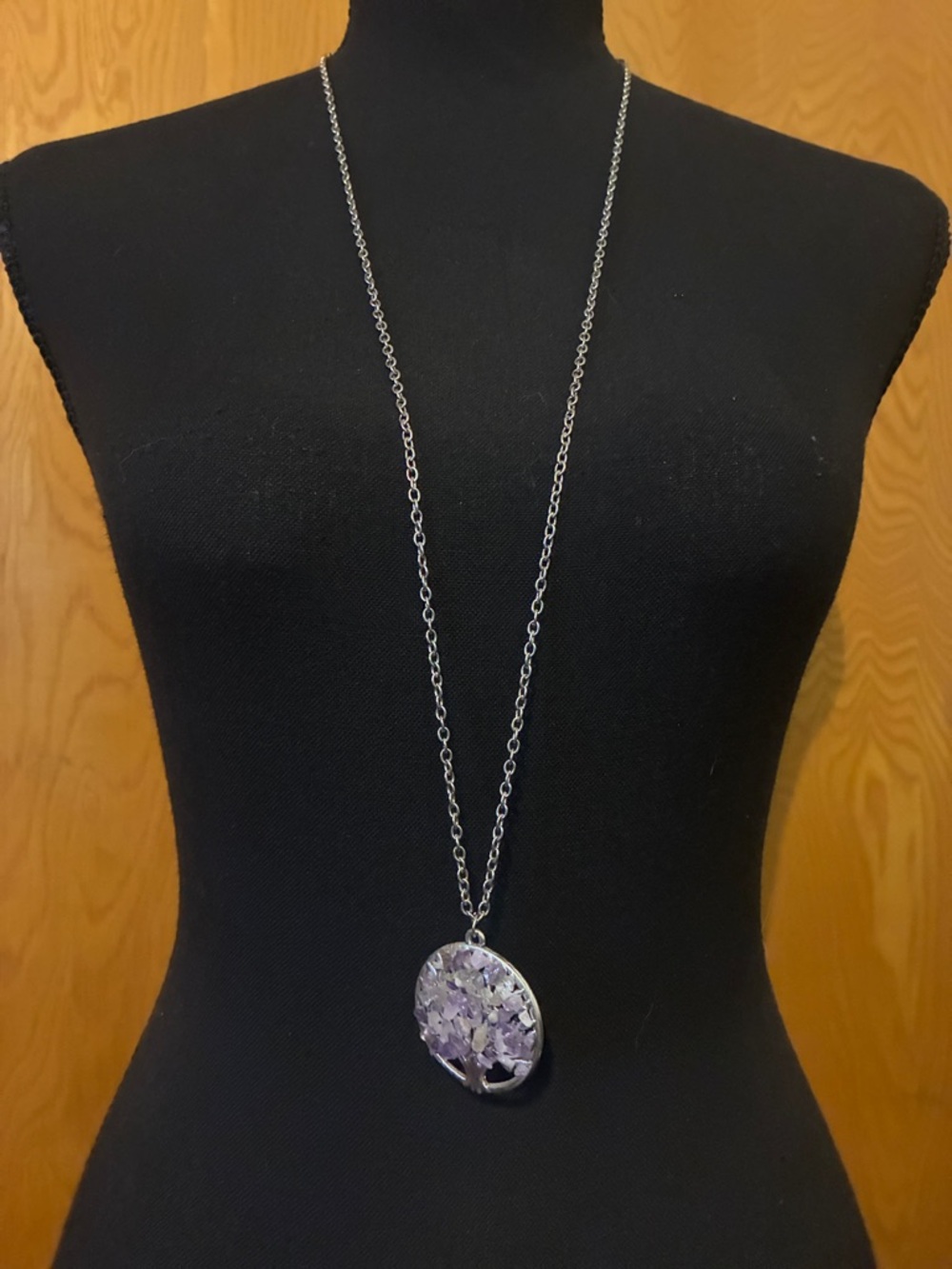 Silver Long Necklace with Purple Tree of Life Pendant